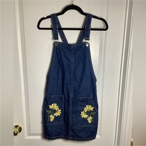 Topshop Denim Overall Dress with Embroidered Floral Pockets